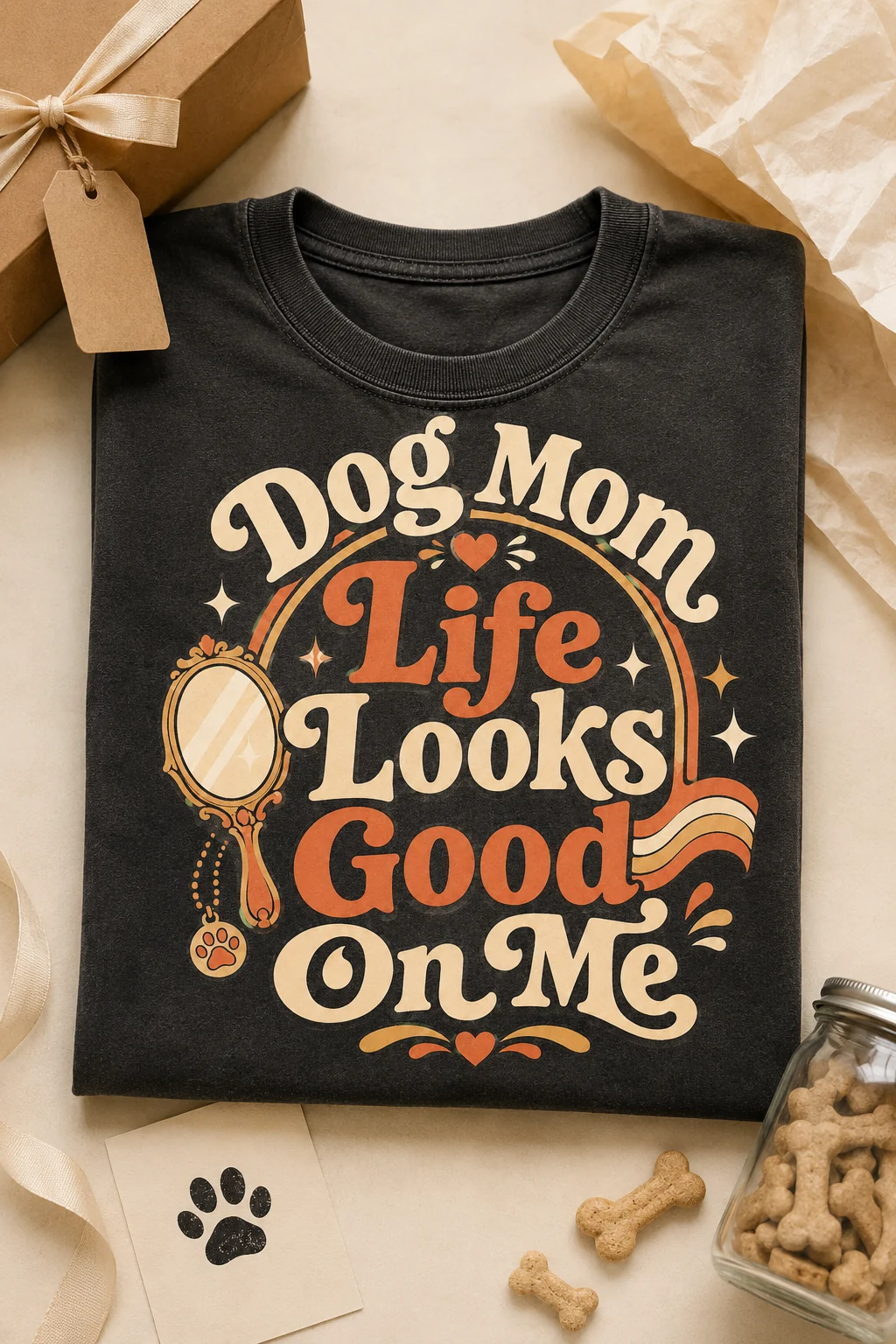 Dog Mom Life Looks Good On Me t-shirt arranged as a gift with kraft packaging, ribbon, tissue paper, and dog-themed accents
