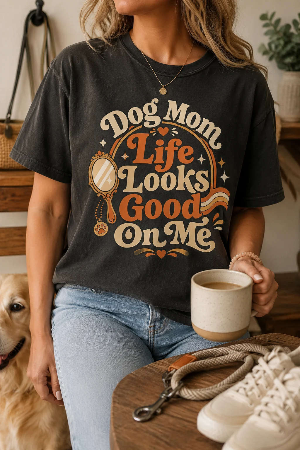 Dog Mom Life Looks Good On Me t-shirt shown in a casual lifestyle setup with denim, sneakers, a leash, and a coffee cup