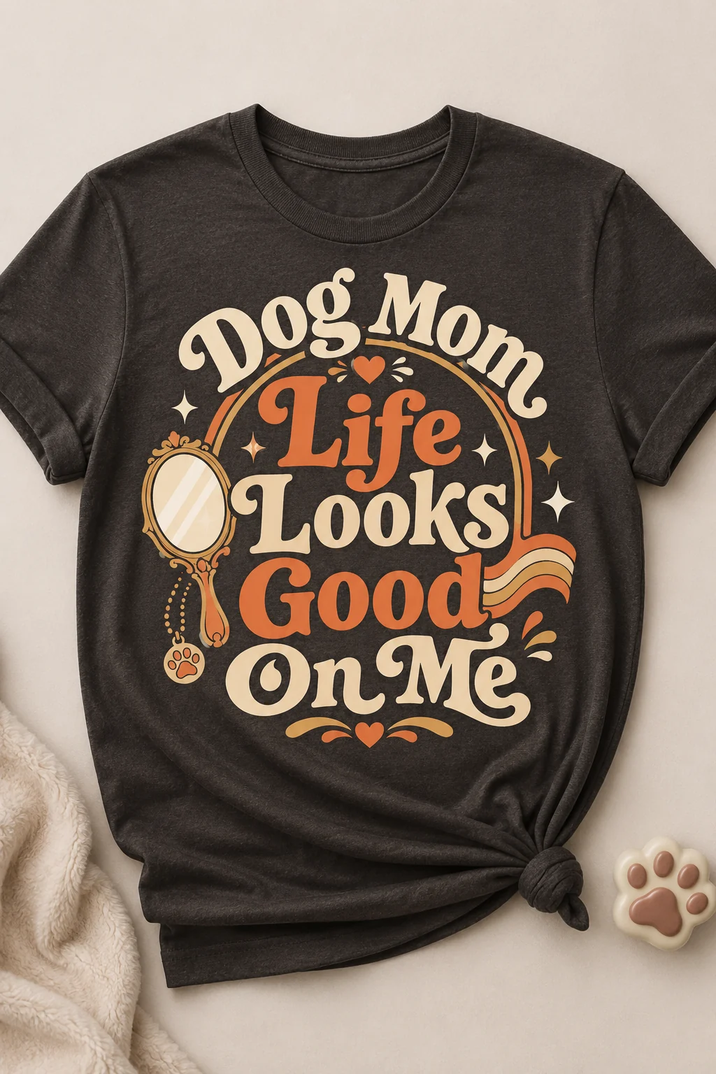Dog Mom Life Looks Good On Me t-shirt in a seasonal gift scene with soft greenery, wrapping details, a cozy blanket, and a warm mug