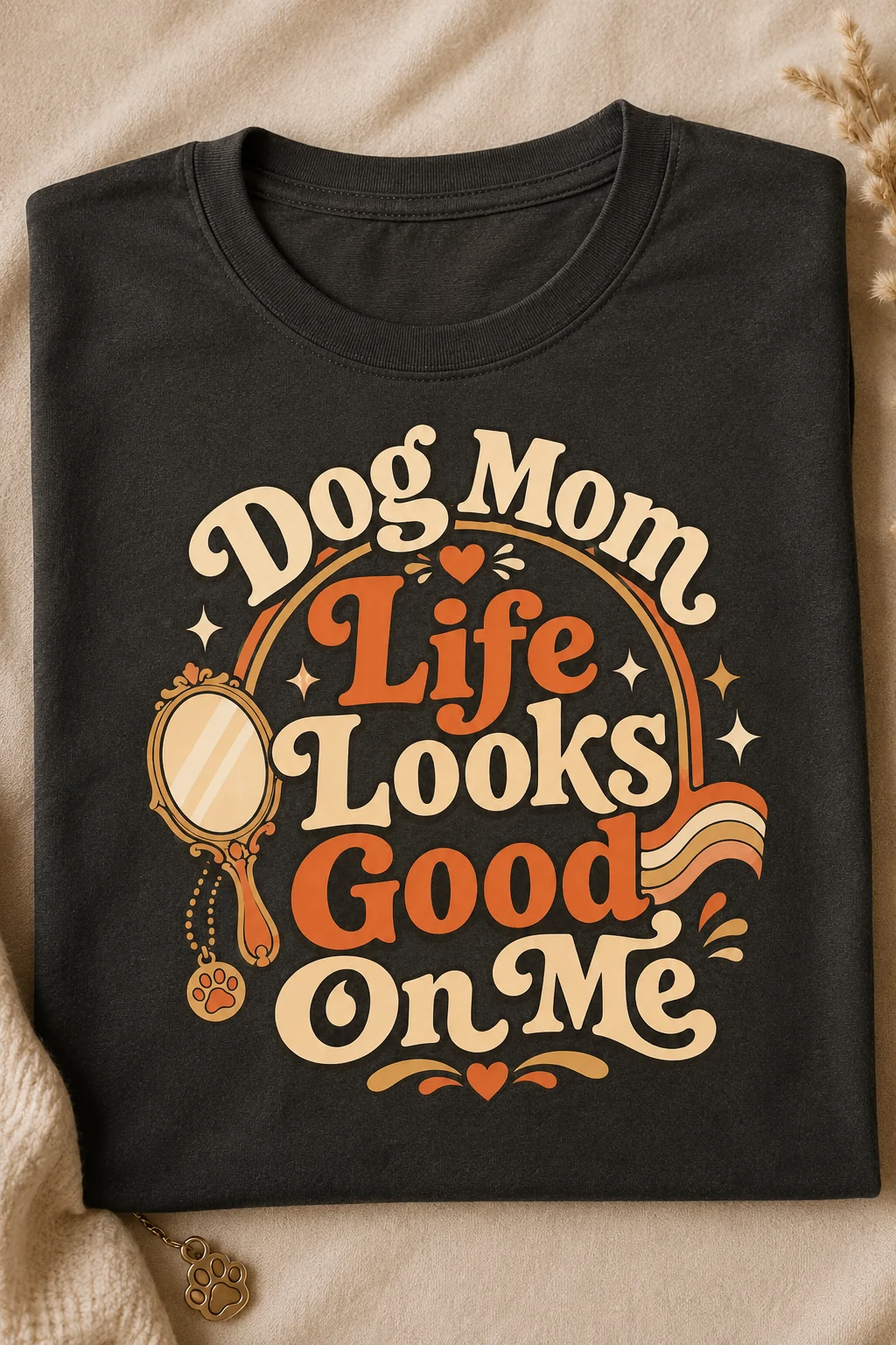 Front-focused Dog Mom Life Looks Good On Me t-shirt against a simple neutral background with subtle paw-themed styling