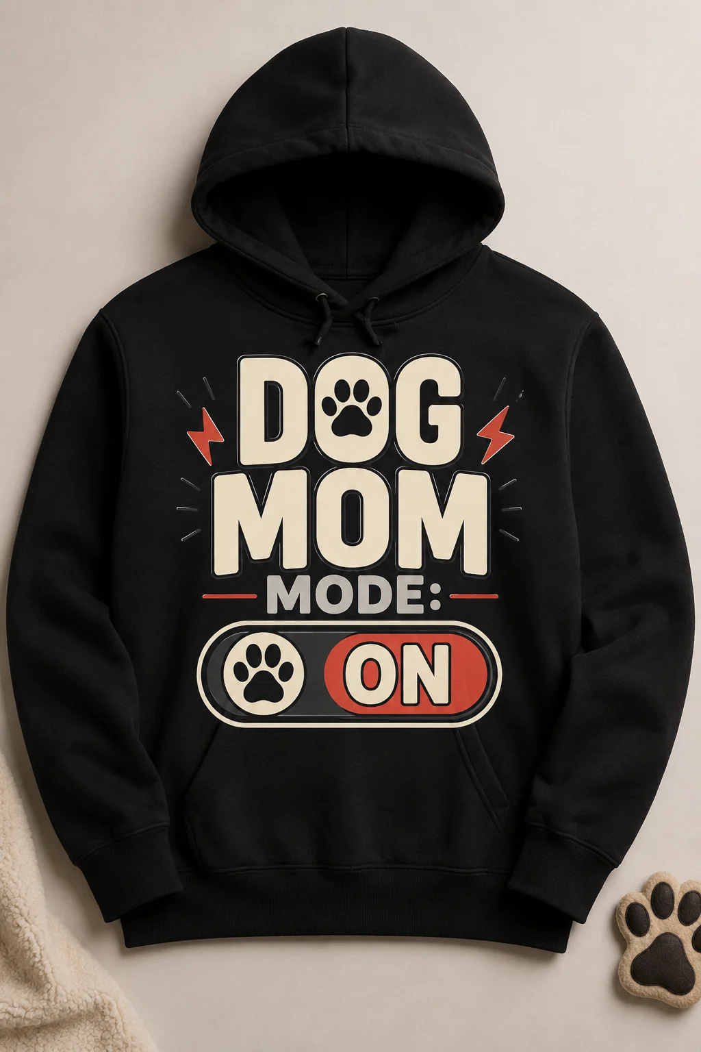 Close-up of a hoodie displaying the centered Dog Mom Mode: On design with a toggle-style paw accent