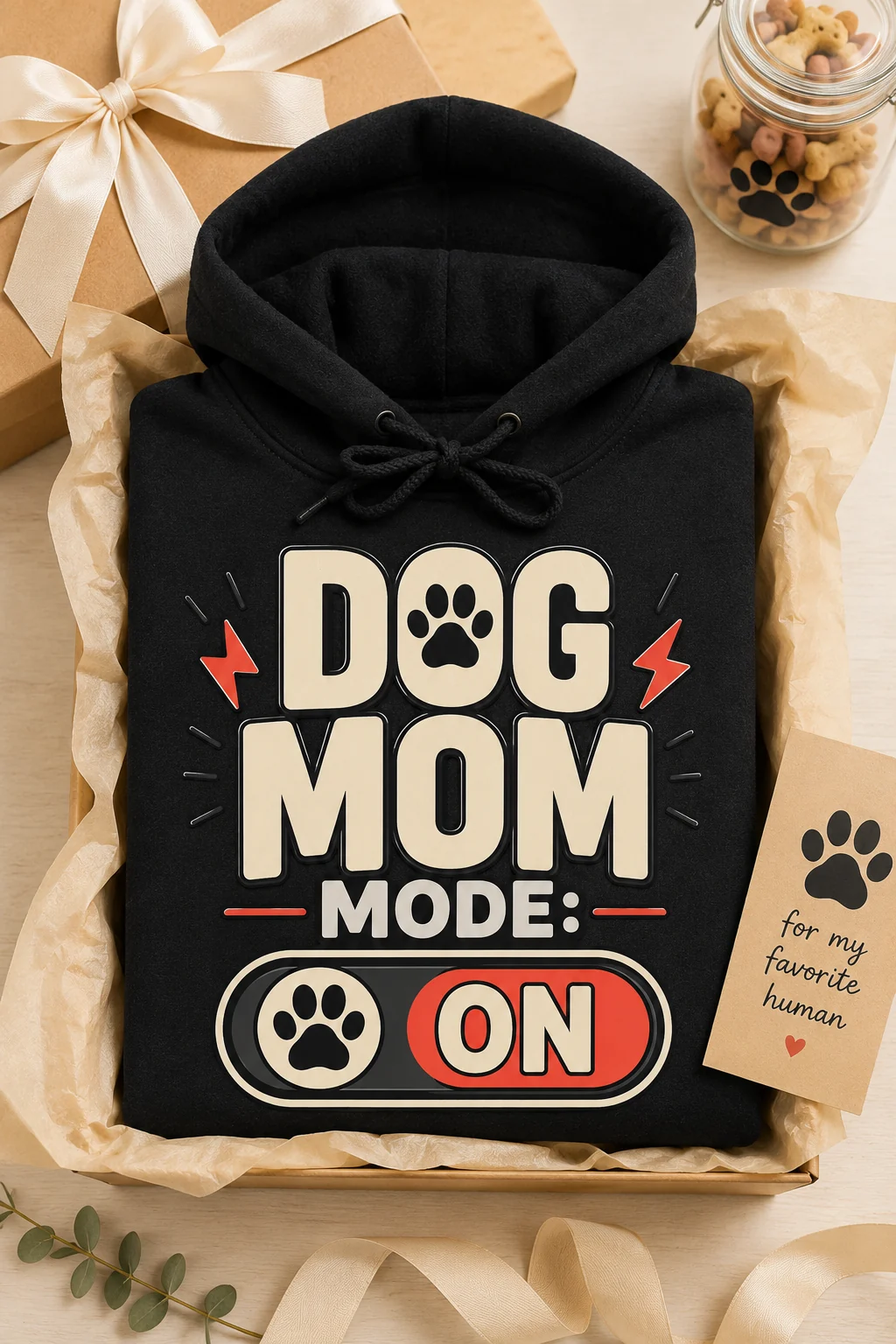 Dog Mom Mode: On hoodie arranged in a gift flat lay with a kraft box, ribbon, tissue paper, and dog-themed accents