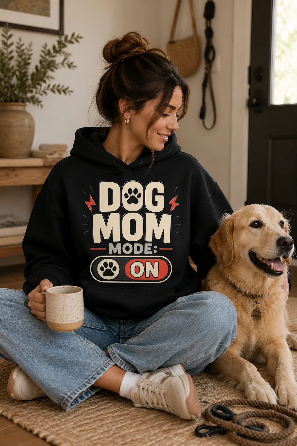 Dog Mom Mode: On hoodie in a casual lifestyle setting with a leash, coffee cup, sneakers, and denim nearby
