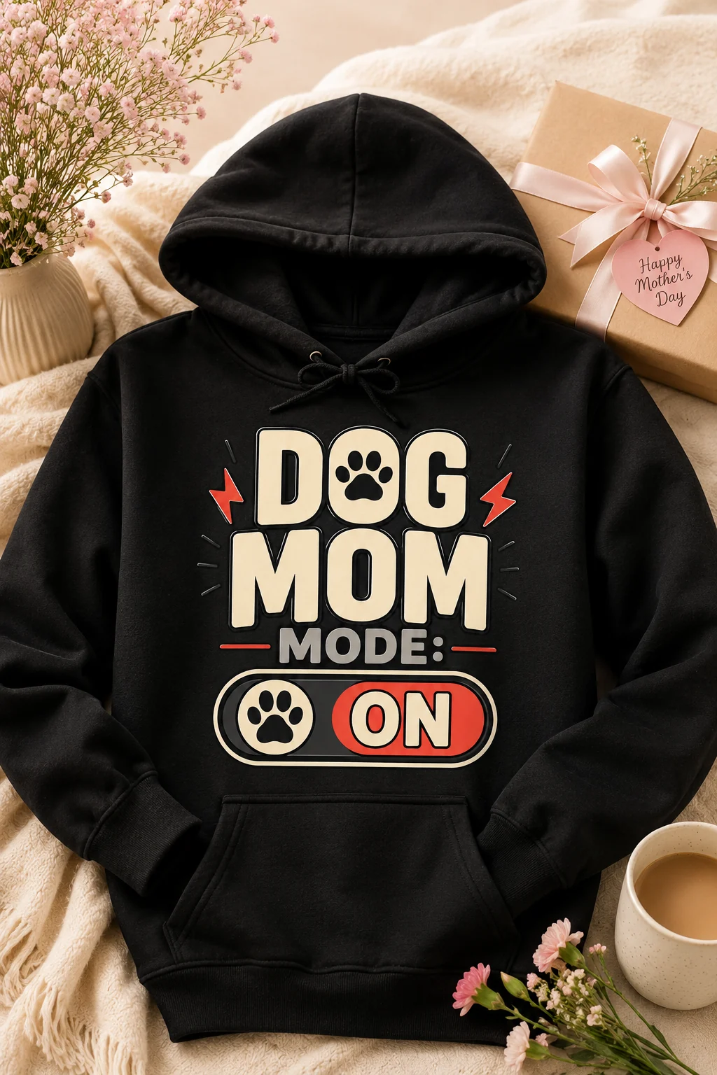 Dog Mom Mode: On hoodie presented in a seasonal gift scene with cozy fabric, greenery, wrapping details, and a warm mug