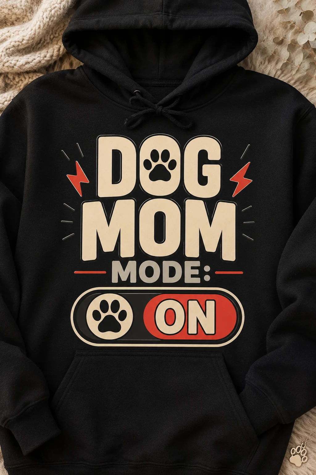 Front-facing Dog Mom Mode: On hoodie on a plain neutral background with subtle paw-themed styling and soft fabric texture