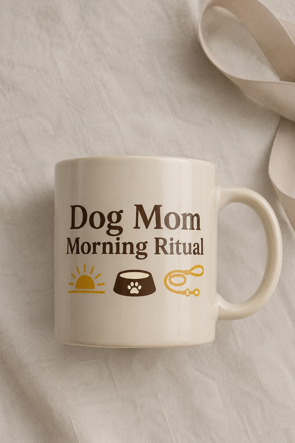 Top-down close-up of a mug printed with Dog Mom Morning Ritual on a neutral linen surface with a plain ribbon nearby