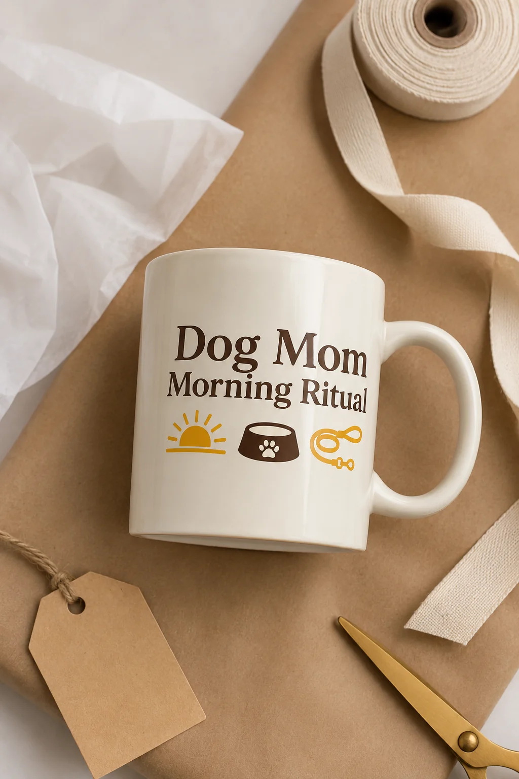 Dog Mom Morning Ritual mug arranged on neutral kraft paper with tissue, a plain ribbon, and a blank gift tag