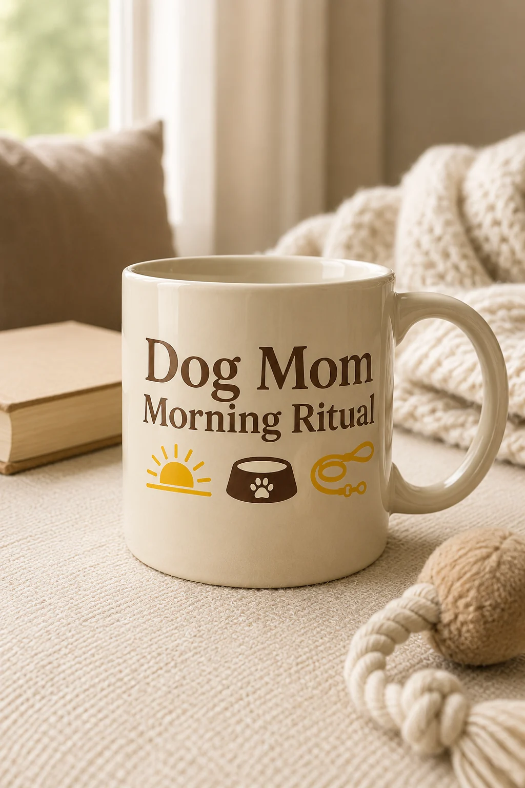 Dog Mom Morning Ritual mug in a cozy reading corner beside a plain book, folded blanket, and dog toy