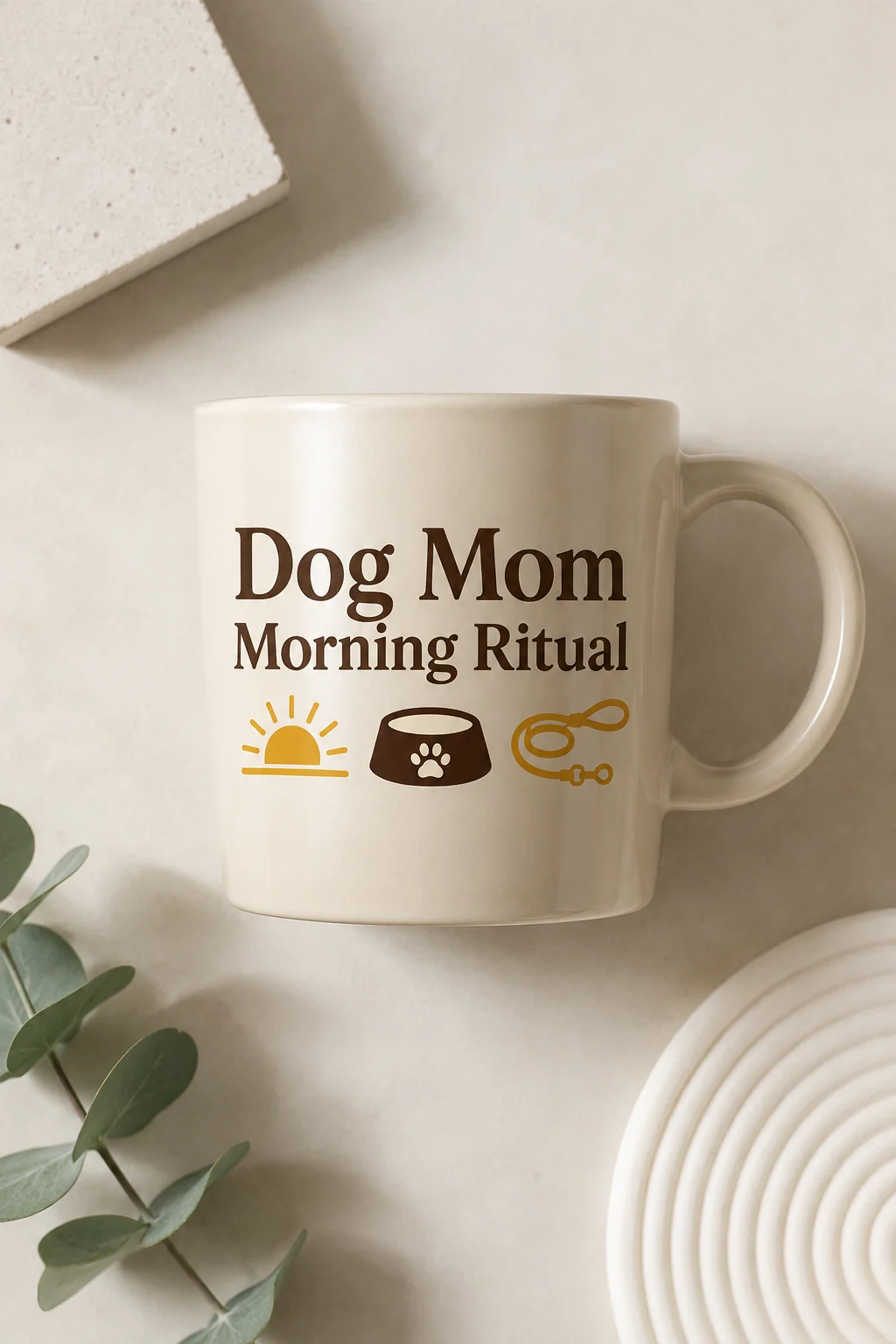 Top-down editorial flat lay of the Dog Mom Morning Ritual mug with two neutral geometric props