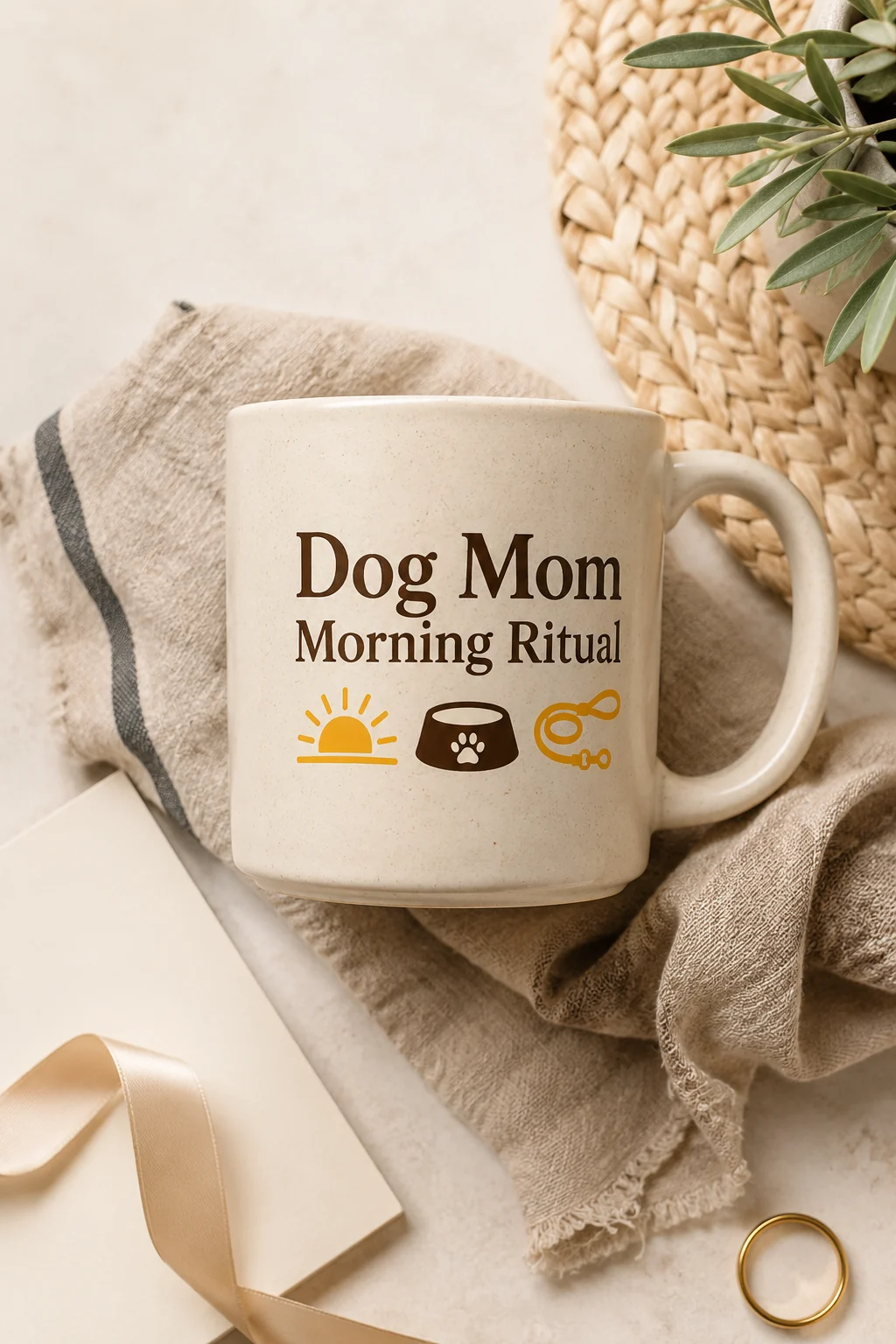 Dog Mom Morning Ritual mug in an organized collection layout with neutral ribbon, a simple accessory, and a blank card