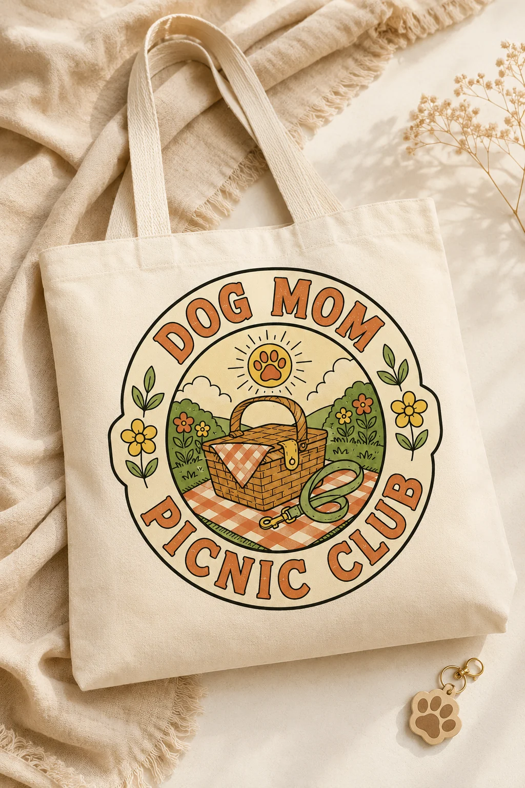 Dog Mom Picnic Club tote bag shown close up on a warm neutral studio surface with a small paw charm and soft fabric accents