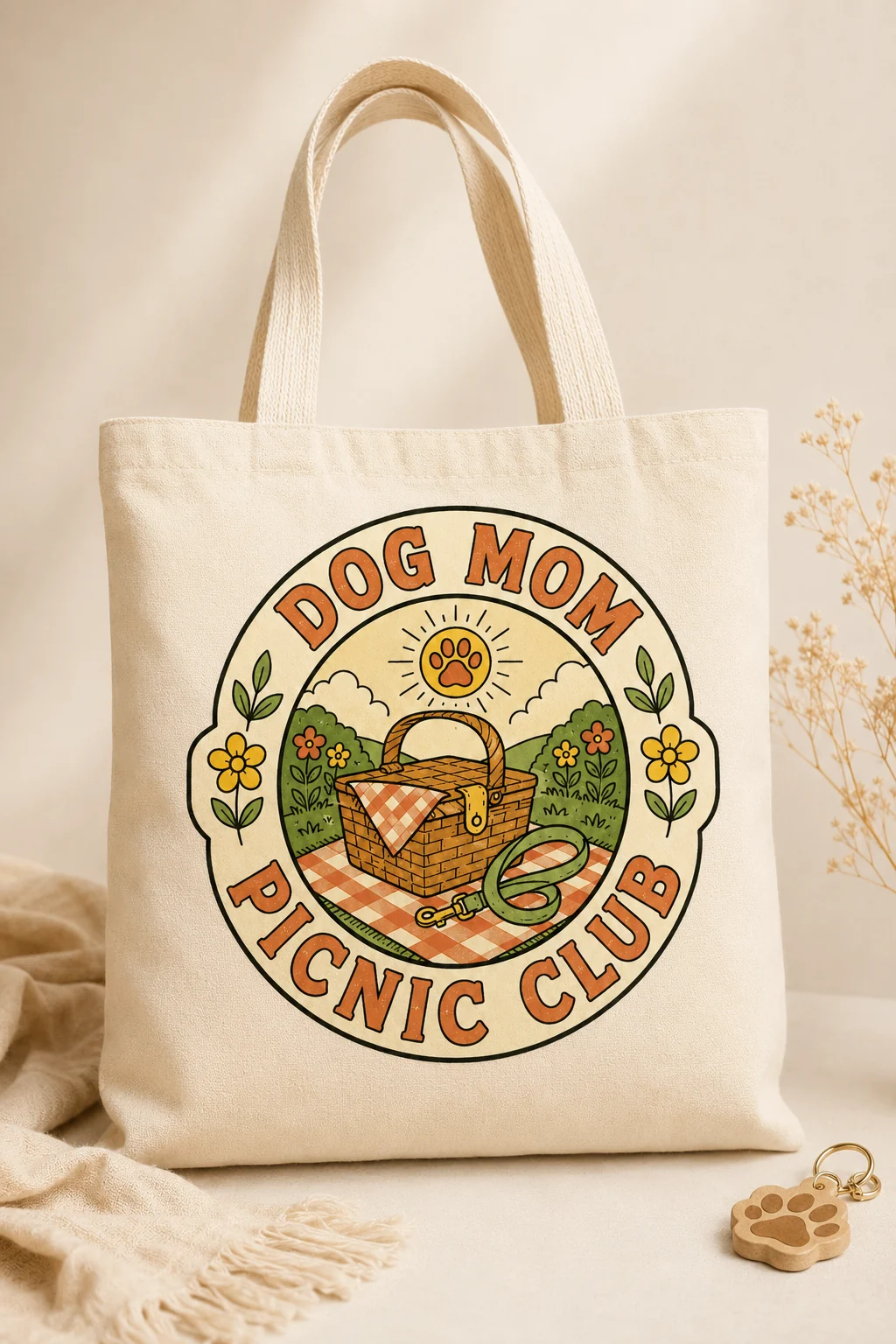 Dog Mom Picnic Club tote arranged as a gift with a kraft box, ribbon, dog treat jar, paw-print card, and neutral tissue paper