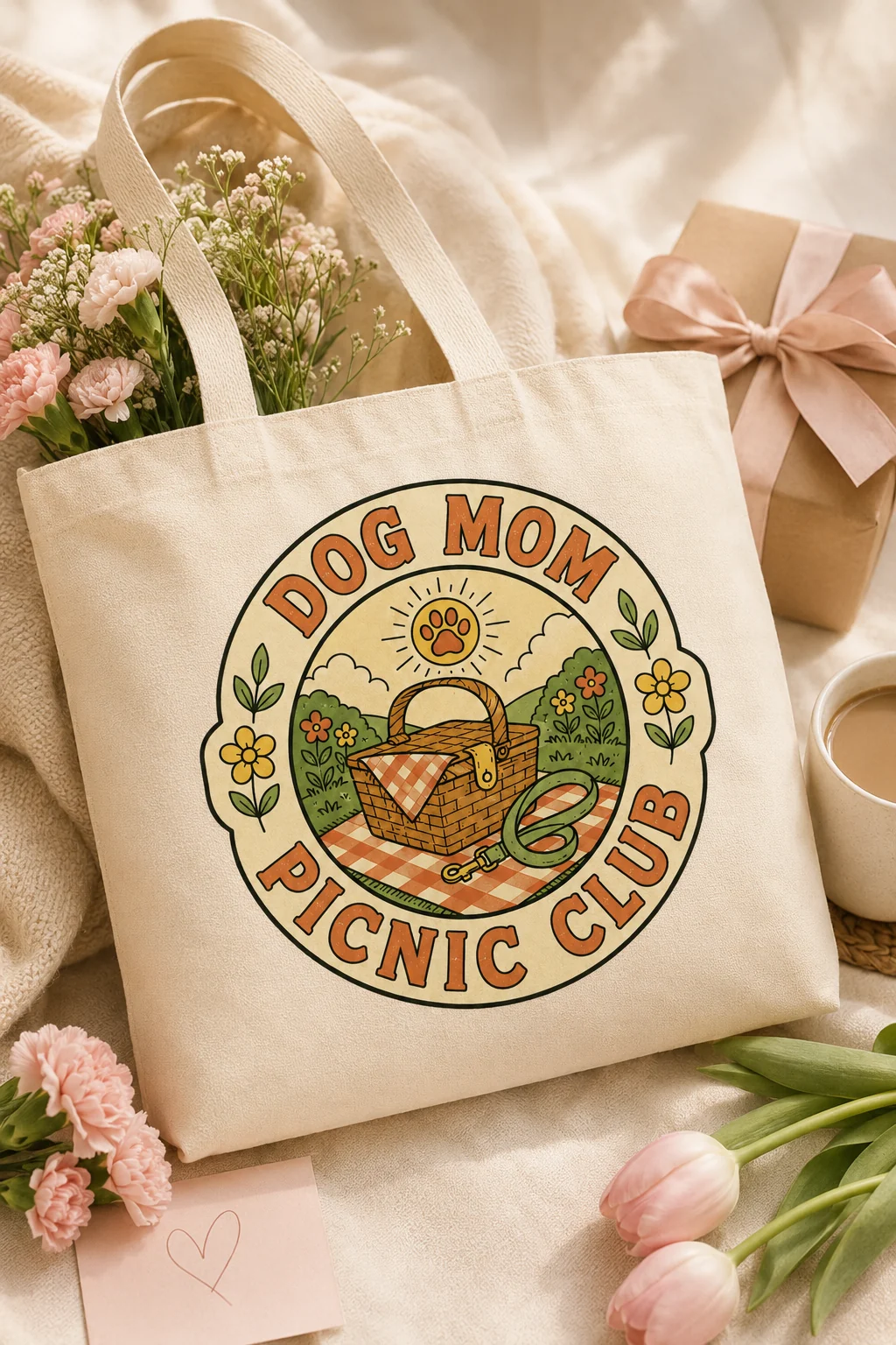 Dog Mom Picnic Club tote in a casual walk-ready scene with a coiled leash, coffee cup, neutral sneakers, and denim