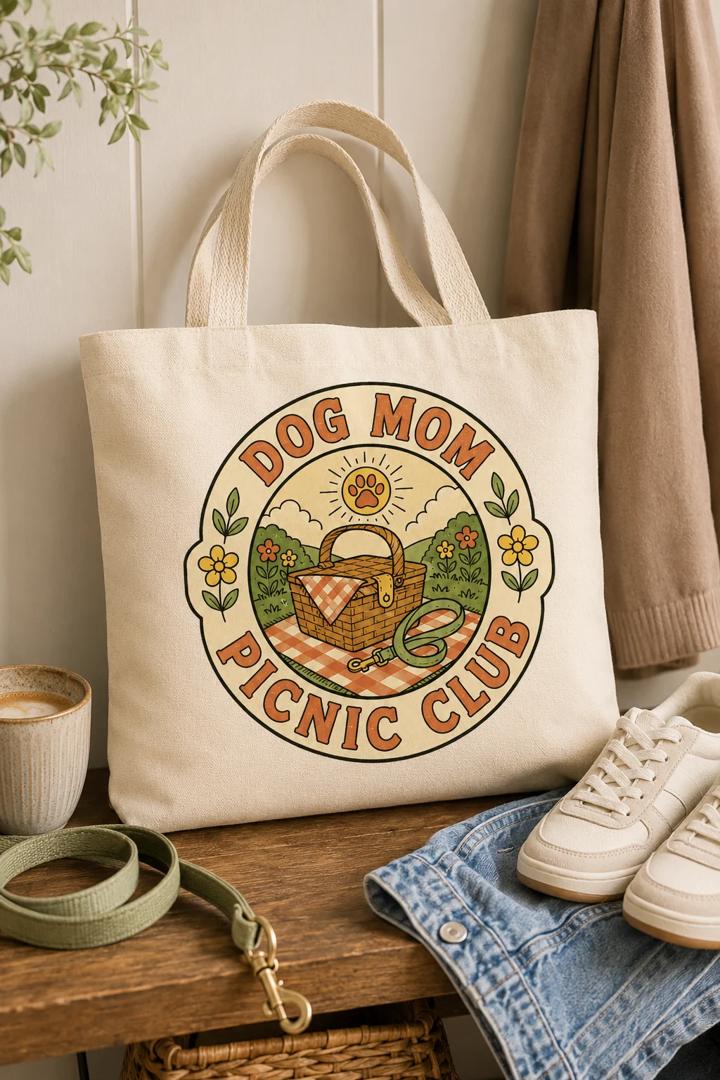 Dog Mom Picnic Club tote displayed in a seasonal gift scene with greenery, a cozy blanket, gift wrap, and a warm mug