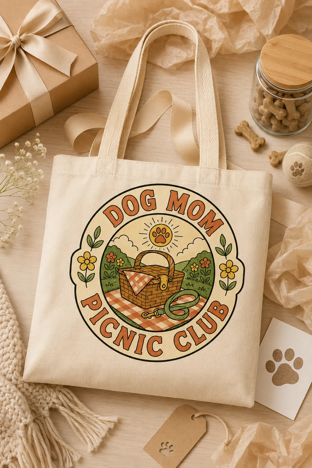 Dog Mom Picnic Club tote centered against a plain neutral background with soft fabric texture and a subtle paw-print prop