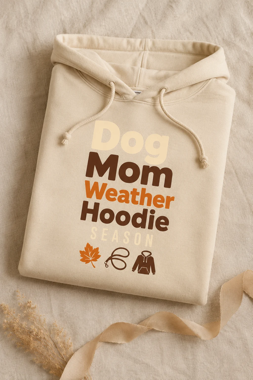 Dog Mom Weather Hoodie Season hoodie arranged on a neutral linen surface with a plain ribbon nearby