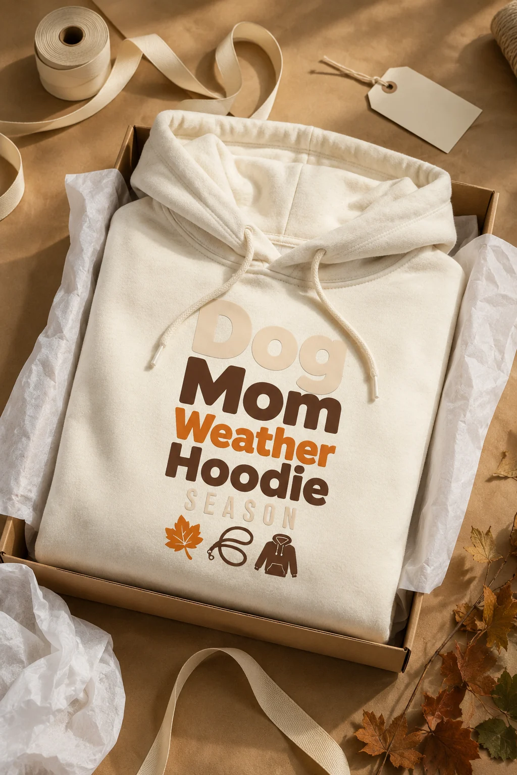 Dog Mom Weather Hoodie Season hoodie arranged on a kraft paper gift-wrapping table with ribbon, tissue paper, and a blank gift tag