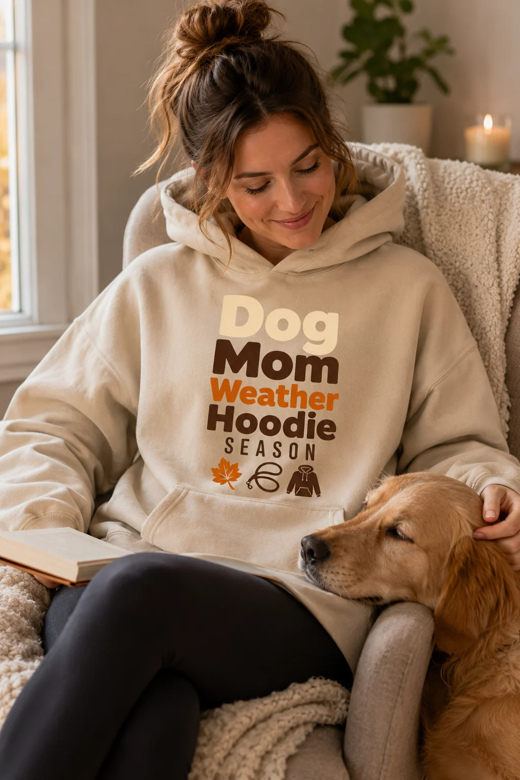 Dog Mom Weather Hoodie Season hoodie displayed in a cozy reading corner with a plain book, folded blanket, and dog toy