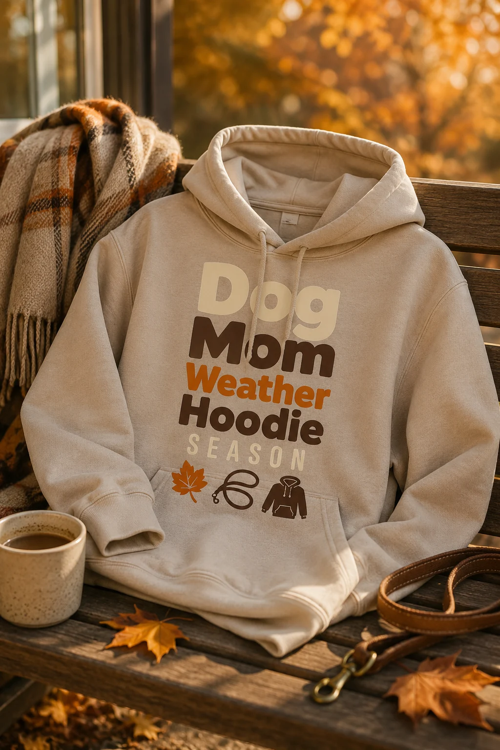 Dog Mom Weather Hoodie Season hoodie styled on a fall bench with a neutral scarf, small leaf accents, and a leash