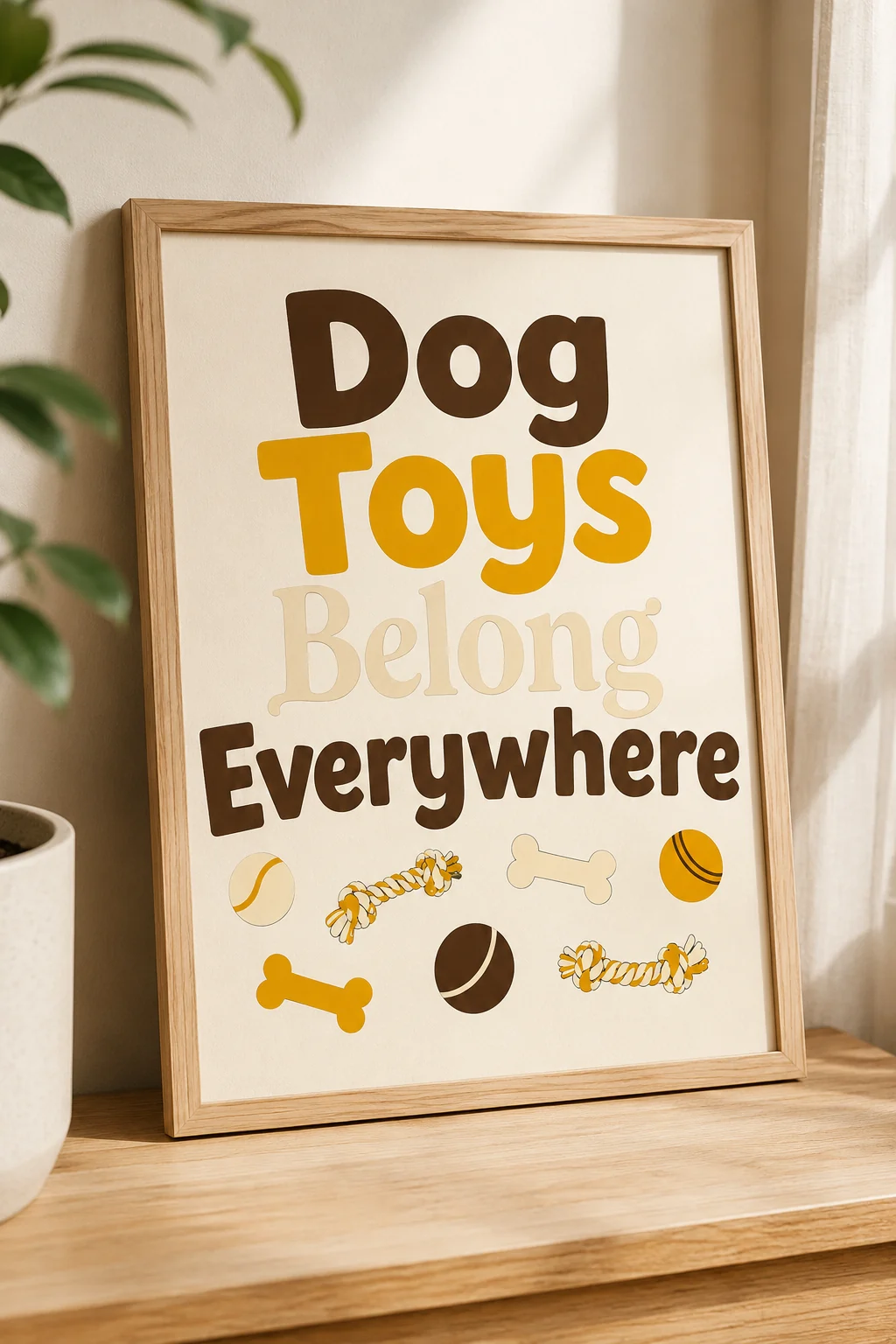 Dog Toys Belong Everywhere wall art photographed at an angle on a light natural-wood surface with a plant leaf nearby