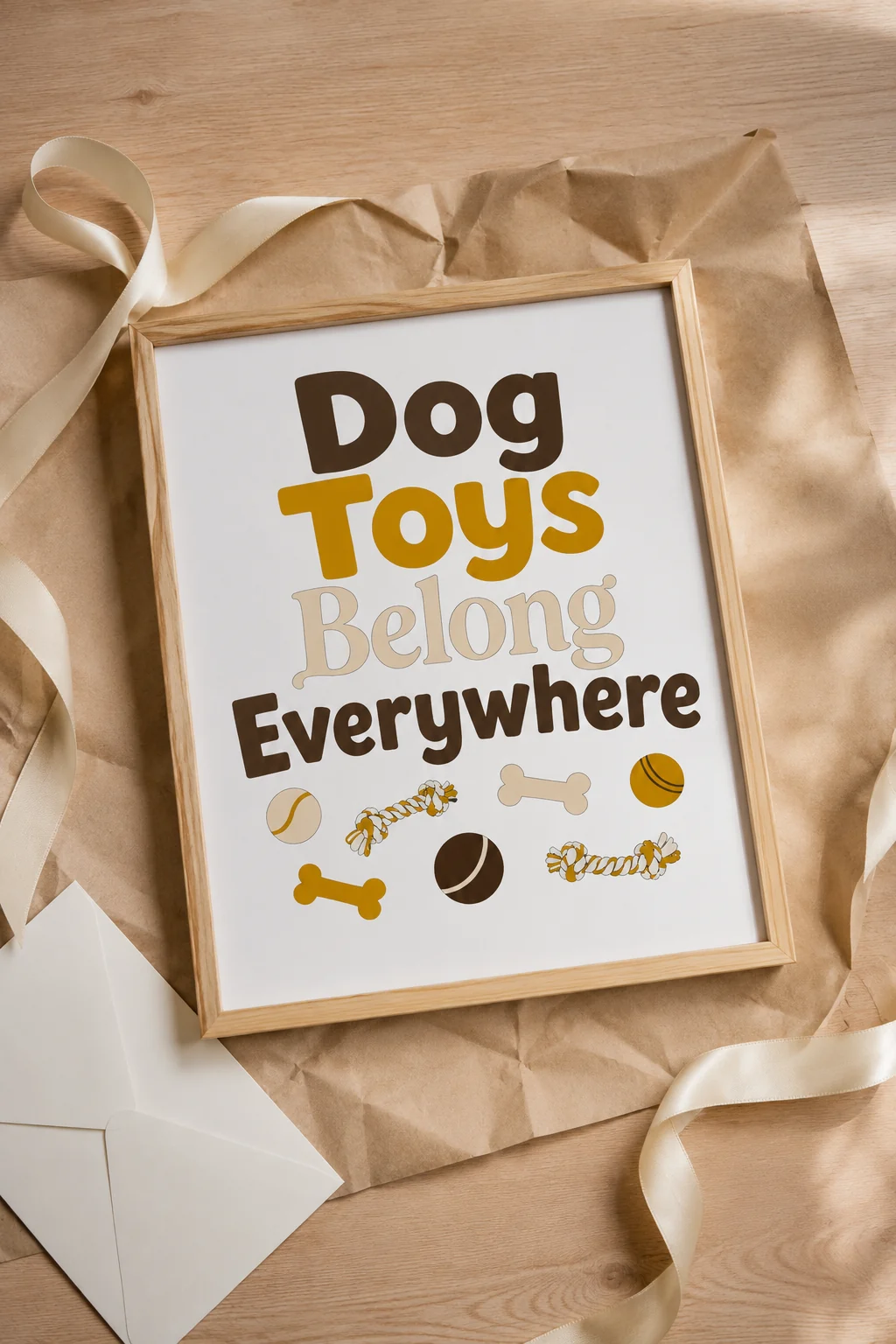 Dog Toys Belong Everywhere wall art arranged in a light-wood gift setup with plain wrapping paper, ribbon, and a blank envelope