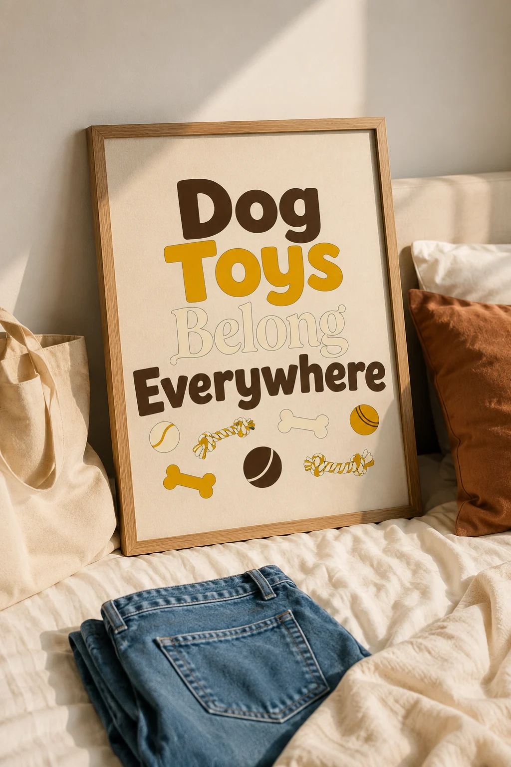 Dog Toys Belong Everywhere wall art styled in a casual bedroom with neutral bedding, folded jeans, and a simple tote