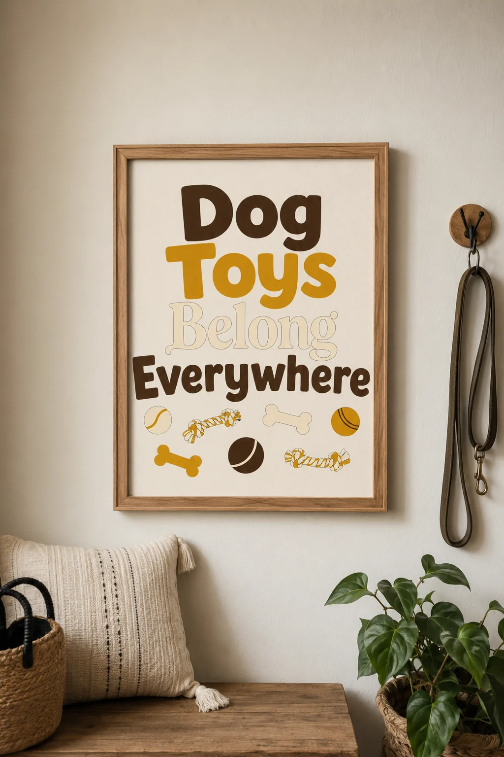 Dog Toys Belong Everywhere wall art displayed straight on in a minimal entryway with a plain hook and leash placed away from the print