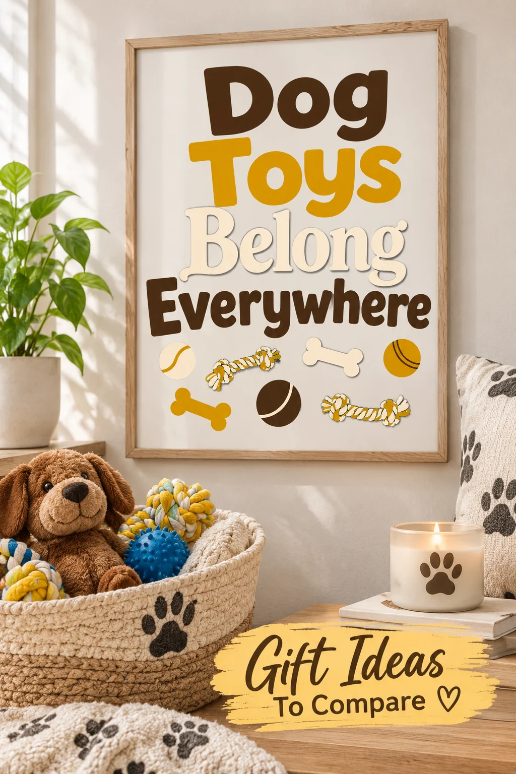 Dog Toys Belong Everywhere wall art shown in a coordinated lifestyle collection with one unbranded accessory and one home item