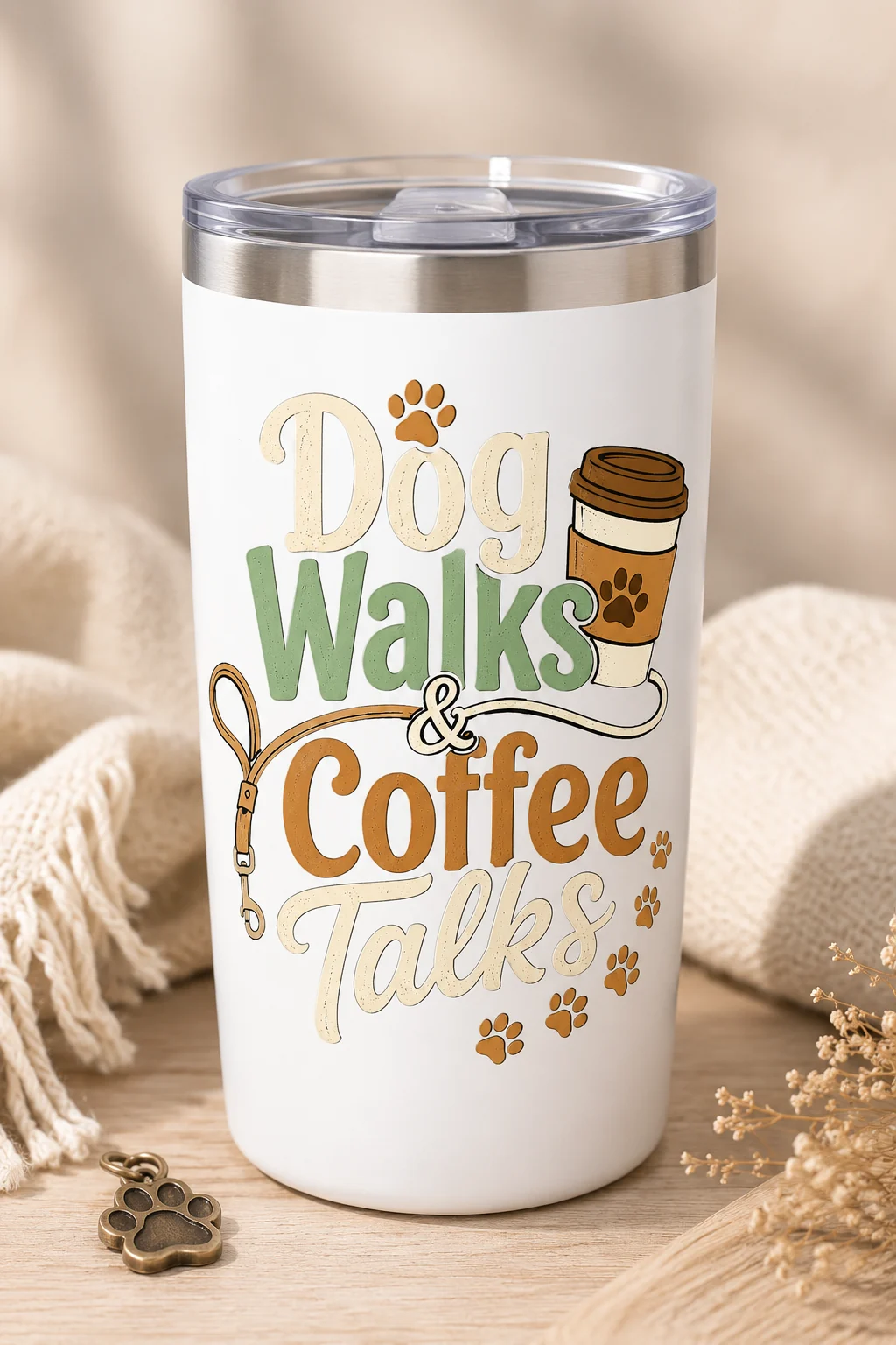 Dog Walks & Coffee Talks tumbler displayed in a close-up on a warm neutral tabletop with minimal dog-themed accents