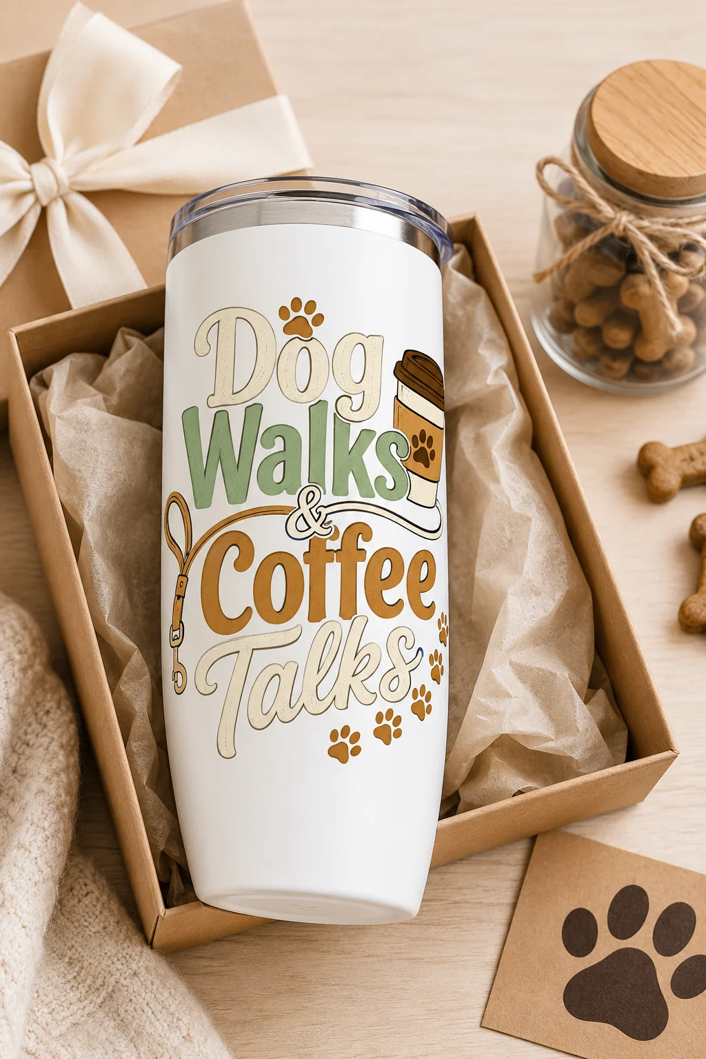Dog Walks & Coffee Talks tumbler arranged with a kraft gift box, ribbon, tissue paper, dog treat jar, and paw-print card