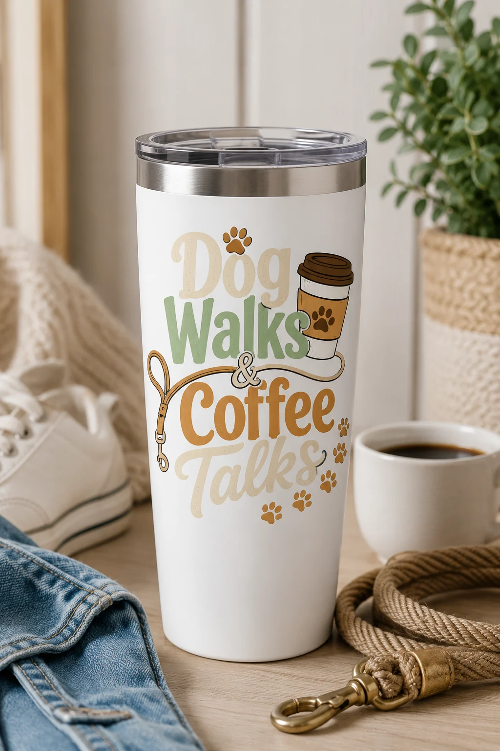 Dog Walks & Coffee Talks tumbler in a casual walk-ready scene with a coiled leash, neutral sneakers, denim, and coffee accessories