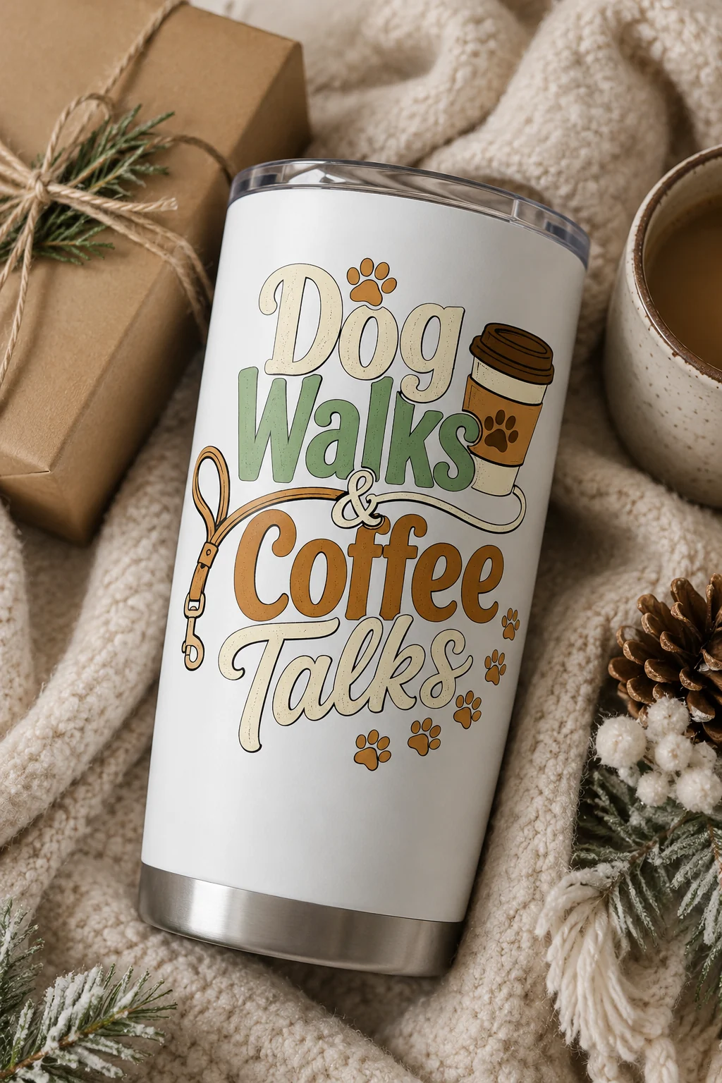 Dog Walks & Coffee Talks tumbler styled with a cozy blanket, simple gift wrap, warm drink, and subtle seasonal greenery