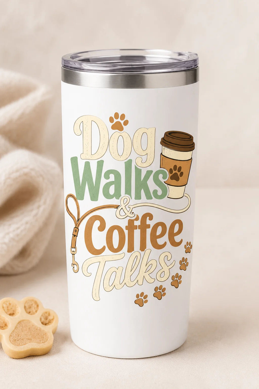 Dog Walks & Coffee Talks tumbler centered against a plain neutral background with soft fabric and a subtle paw-print prop