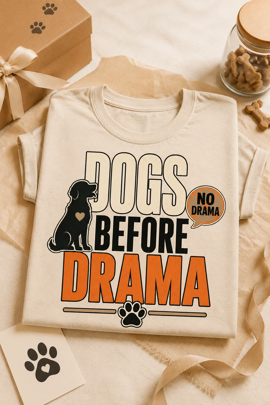 Dogs Before Drama T-shirt presented as a gift beside a kraft box, ribbon, tissue paper, dog treat jar, and paw-print card