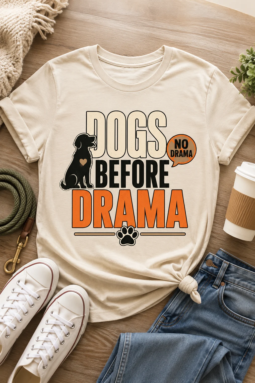 Dogs Before Drama T-shirt styled with denim, neutral sneakers, a coffee cup, and a coiled dog leash for a casual outfit