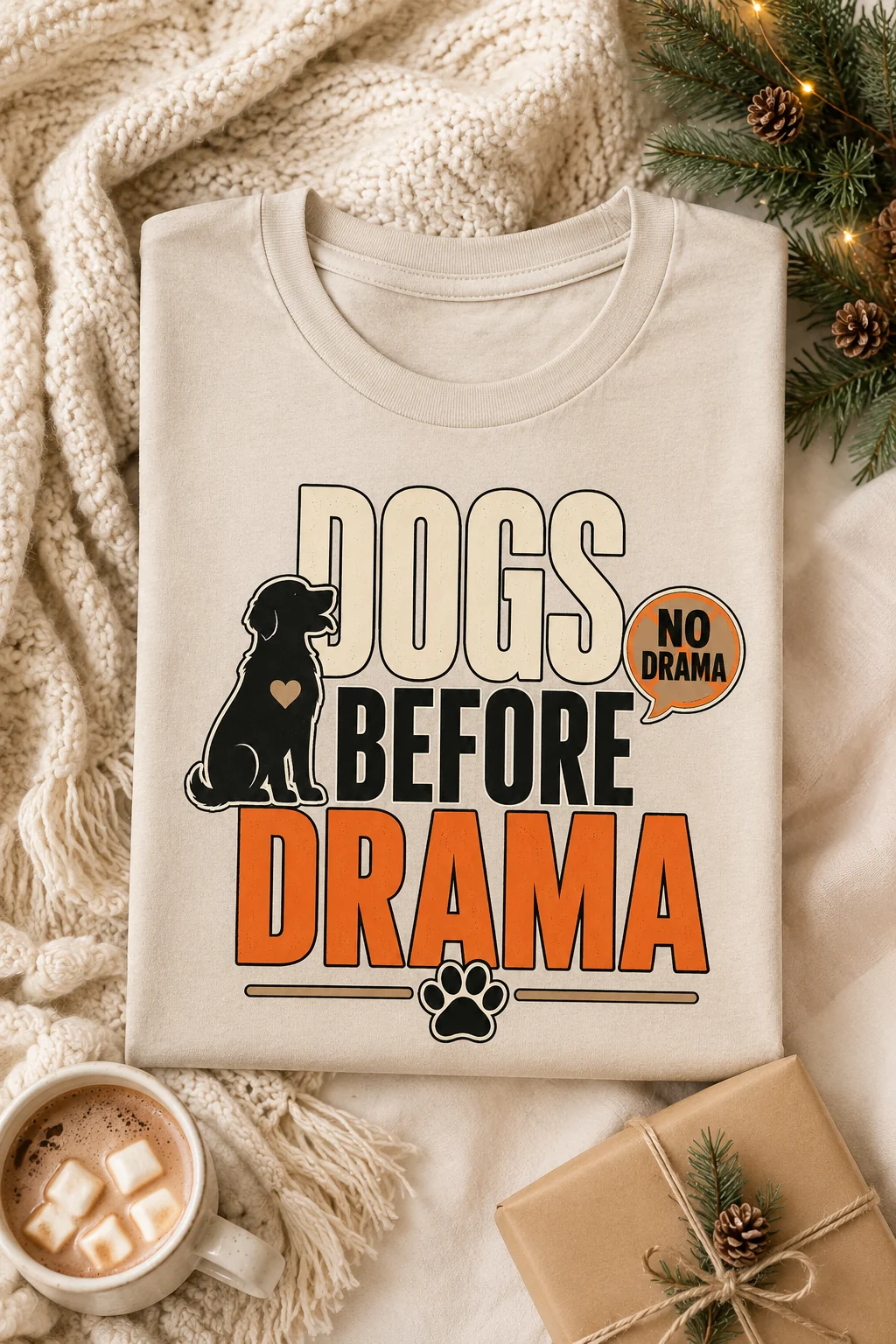 Dogs Before Drama T-shirt in a cozy seasonal gift setting with greenery, wrapping supplies, a folded blanket, and a warm mug
