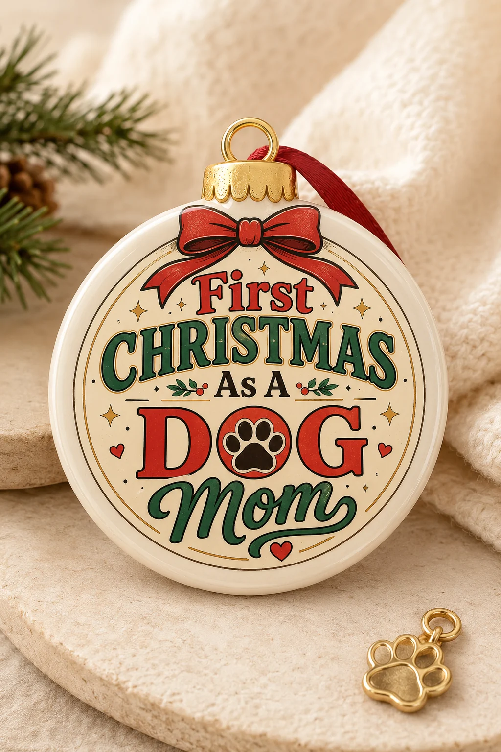 Close-up product mockup of an ornament displaying First Christmas As A Dog Mom on a warm neutral surface