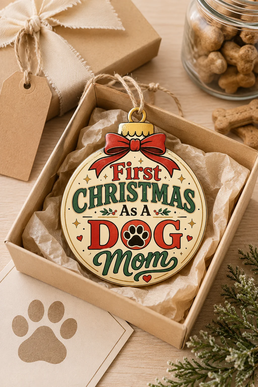 First Christmas As A Dog Mom ornament arranged with kraft gift wrap, ribbon, tissue paper, and dog-themed gift accents