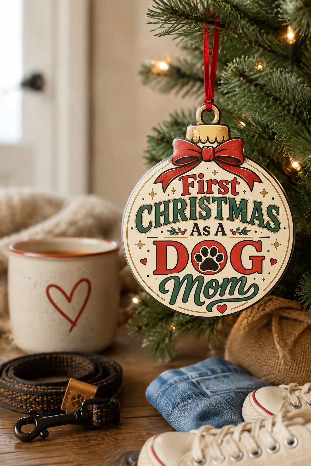 First Christmas As A Dog Mom ornament styled in a cozy dog mom setting with everyday leash and coffee props