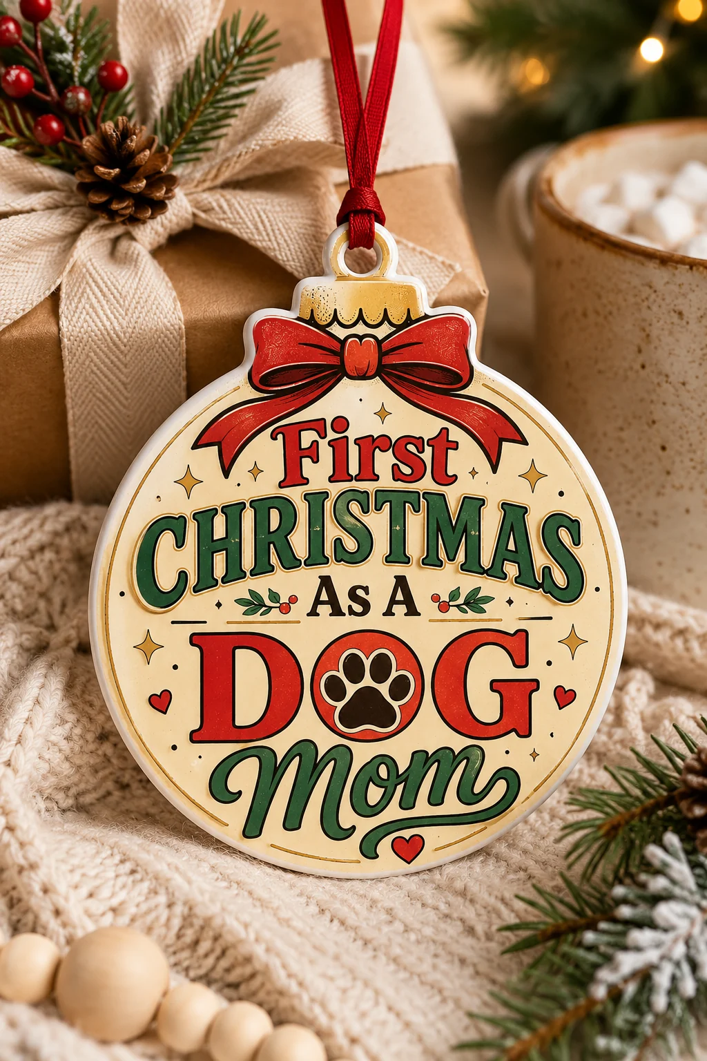 First Christmas As A Dog Mom ornament in a winter holiday scene with greenery, gift wrap, a warm mug, and a cozy blanket