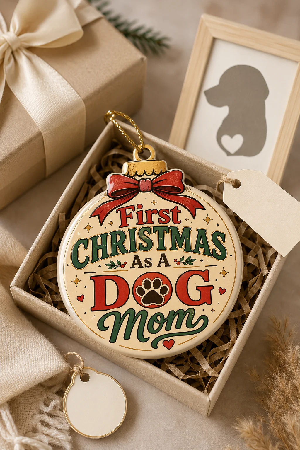 Fifth product mockup of an ornament displaying First Christmas As A Dog Mom with the design centered on the product