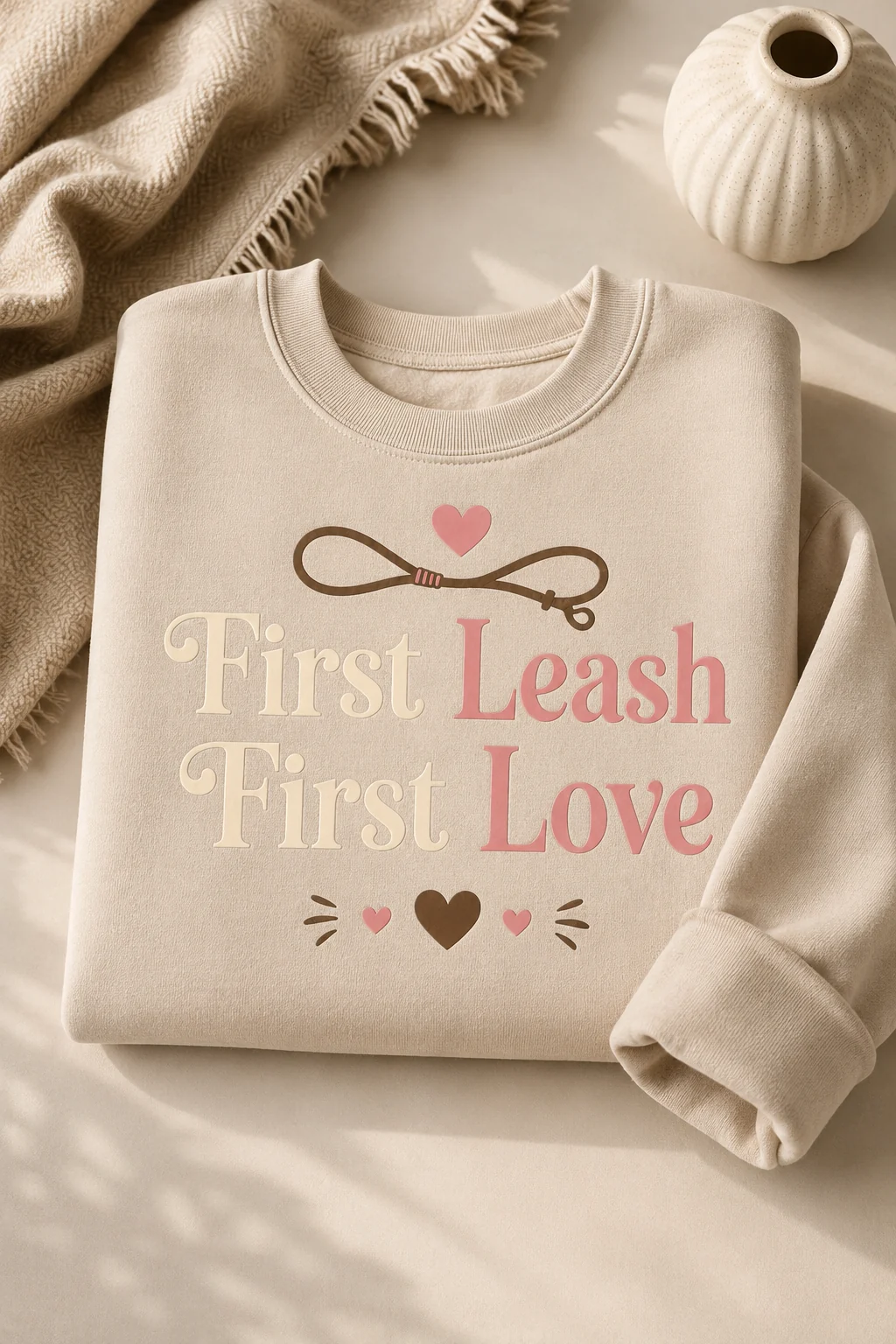 First Leash First Love sweatshirt displayed on a clean studio tabletop with folded neutral fabric and a simple ceramic accent