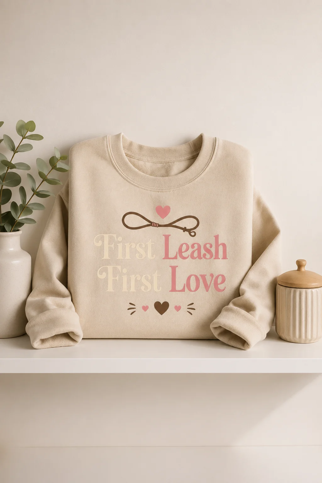 First Leash First Love sweatshirt arranged as a gift with an unbranded box, plain twine, and a small dried leaf