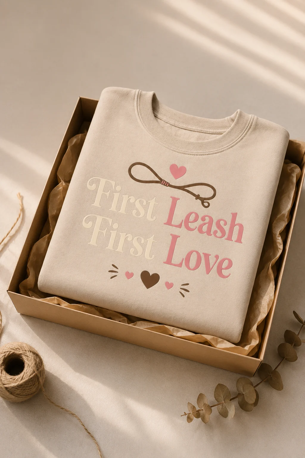 First Leash First Love sweatshirt styled in a minimal home office with a blank laptop, notebook, and plain pen