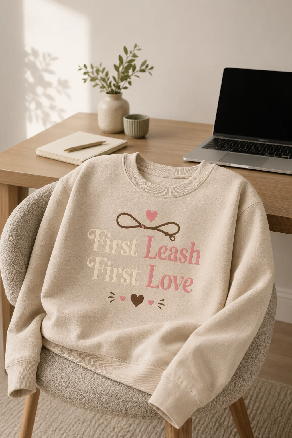 First Leash First Love sweatshirt presented against a matte studio backdrop with a plain stool or display block