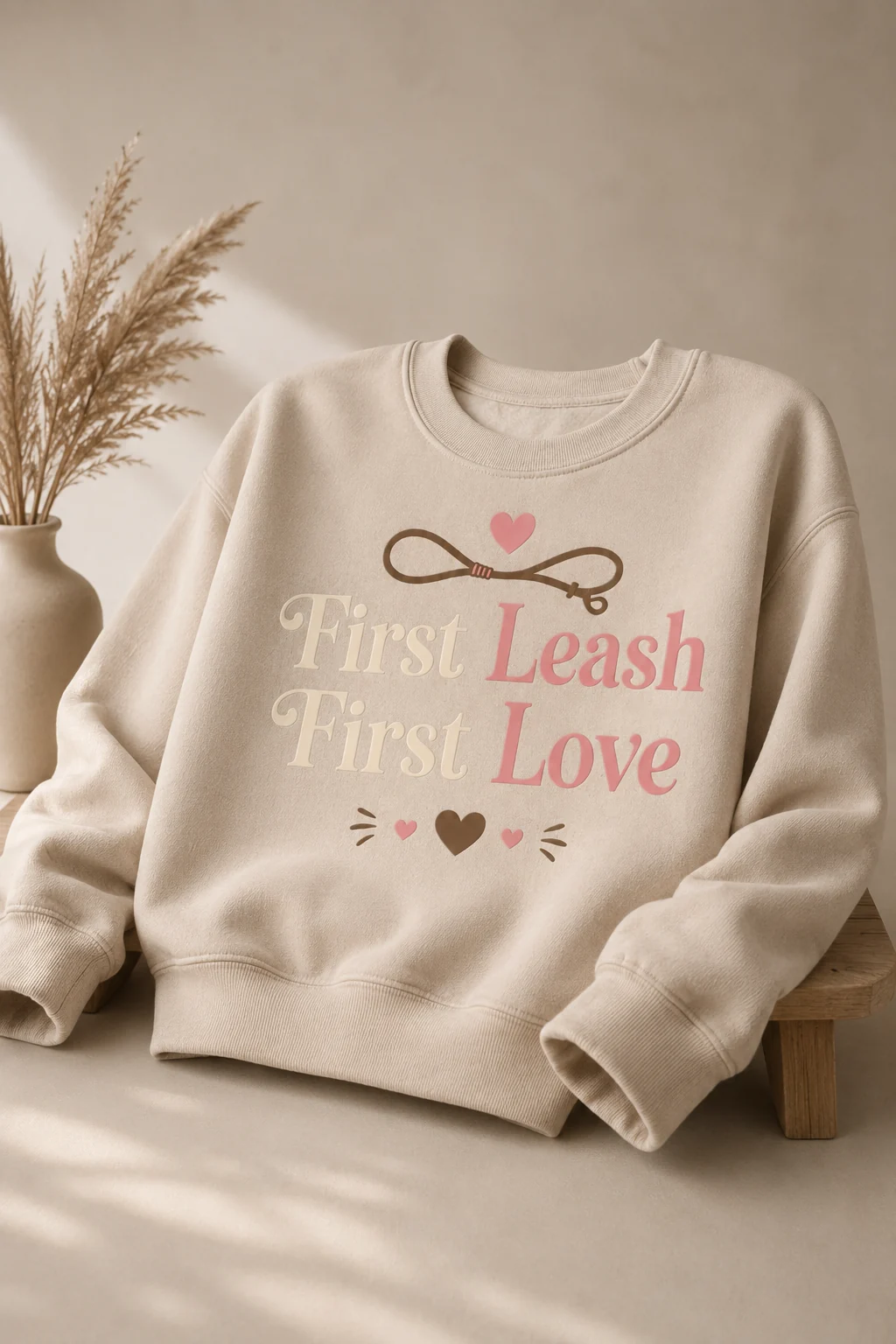 First Leash First Love sweatshirt shown in a clean shelf display with two matching unbranded decor pieces