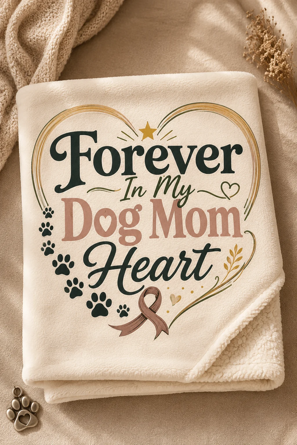 Folded memorial blanket with the words Forever In My Dog Mom Heart displayed on a warm neutral studio surface beside a small paw charm