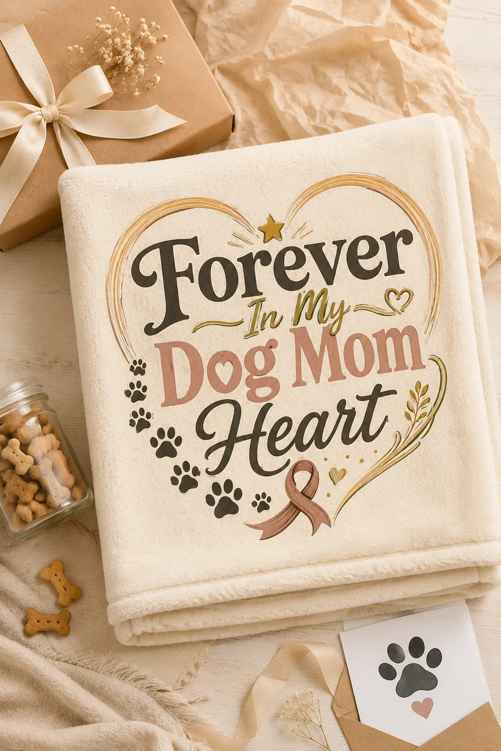 Forever In My Dog Mom Heart blanket arranged as a gift with a kraft box, ribbon, neutral tissue paper, treat jar, and paw-print card