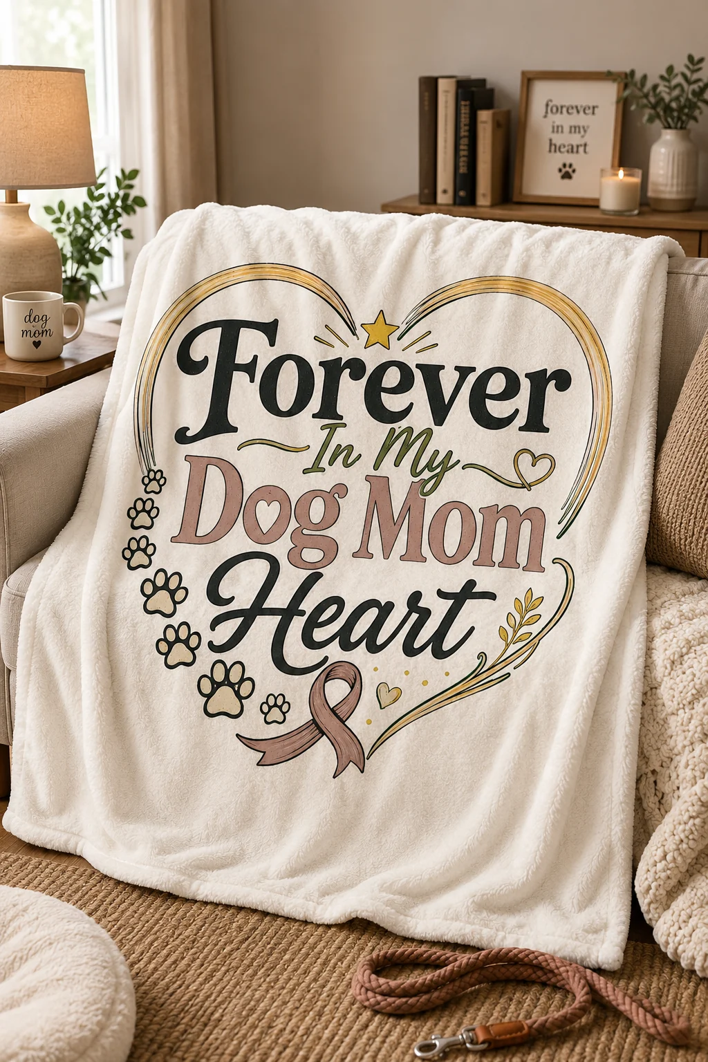 Forever In My Dog Mom Heart blanket displayed in a cozy home setting with a coffee cup, coiled leash, neutral sneakers, and denim accents