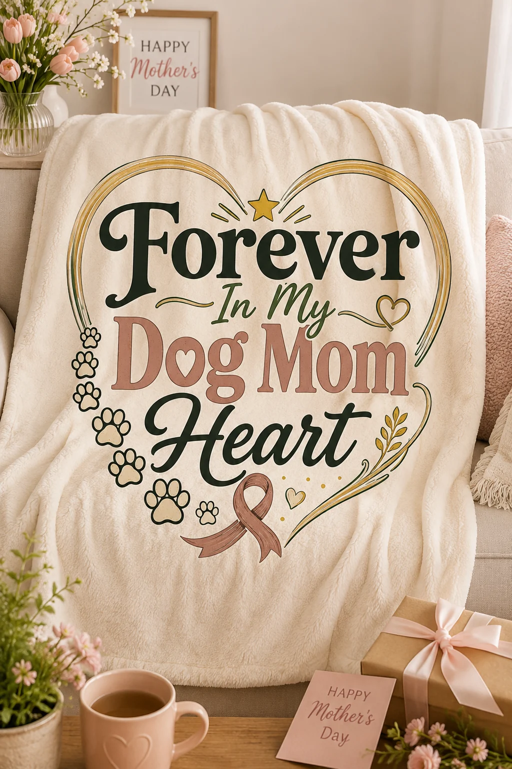 Memorial dog mom blanket styled for a seasonal gift scene with greenery, gift wrap, a warm mug, and soft neutral accents
